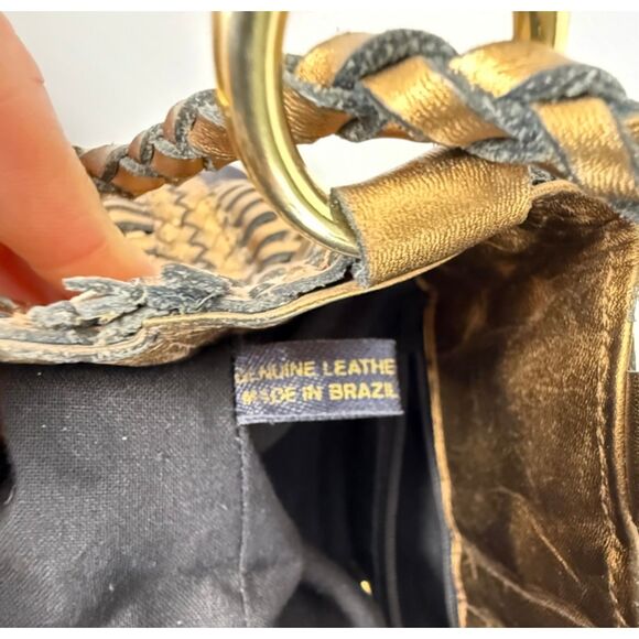 Vintage CEM Woven Leather Metallic Bronze Gold Purse | 80's 90s Bucket Style Bag - Picture 12 of 15